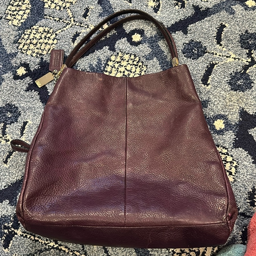 Coach Handbag Dark Purple Soft Leather Shoulder bag triple openings